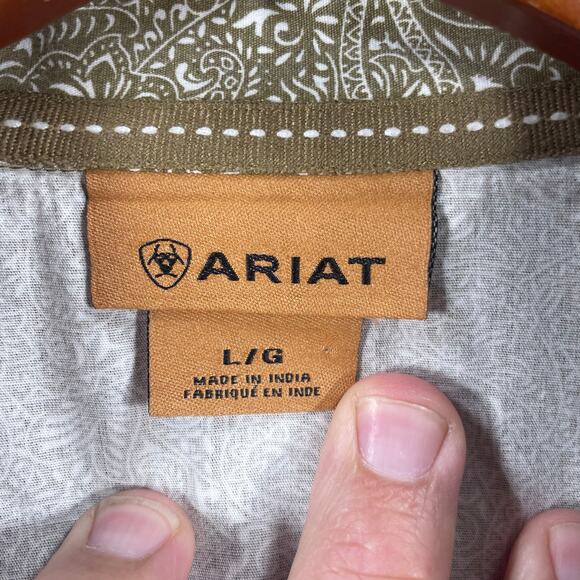 Ariat Pearl Snap Western Shirt Men's Large Green Paisley Allover Cowboy Rodeo - Picture 6 of 12